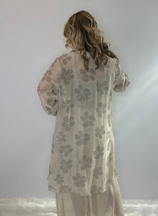 Sheer floral silk duster in beige and taupe with 3/4 length button up sleeves 