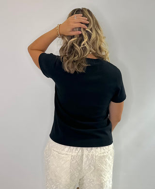Soft crewneck color block tee in black, taupe, and cream with relaxed fit and short sleeves.