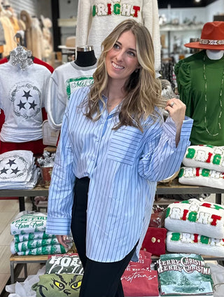 Boyfriend Striped Button Up Shirt - White Lily Boutique