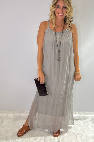 Taupe Silk Dress with underlay, sheer side slits, scoop neckline and spaghetti straps