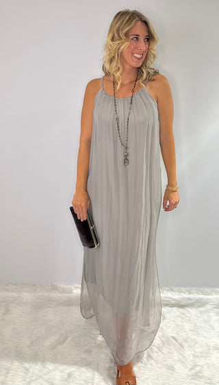 Taupe Silk Dress with underlay, sheer side slits, scoop neckline and spaghetti straps