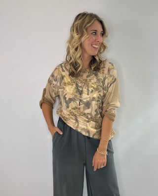 Camel came animal print top with sparkle details and 3/4 rolled button sleeves, lightweight relaxed fit for casual chic style. 