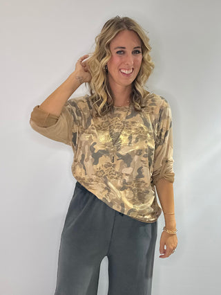 Camel came animal print top with sparkle details and 3/4 rolled button sleeves, lightweight relaxed fit for casual chic style. 
