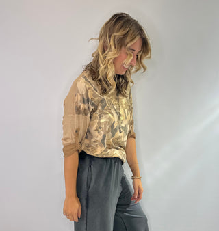 Camel came animal print top with sparkle details and 3/4 rolled button sleeves, lightweight relaxed fit for casual chic style. 