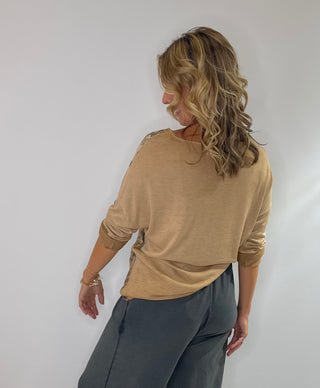 Camel came animal print top with sparkle details and 3/4 rolled button sleeves, lightweight relaxed fit for casual chic style. 