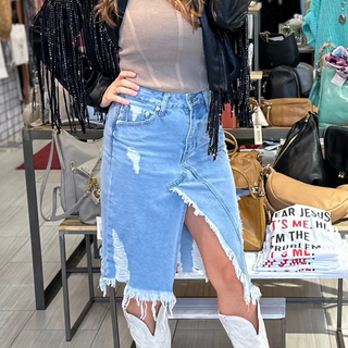 Destroyed Denim Midi Skirt - White Lily Boutique