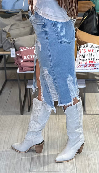 Destroyed Denim Midi Skirt