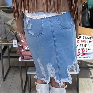 Destroyed Denim Midi Skirt