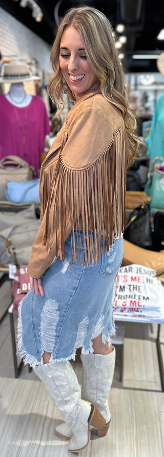 Destroyed Denim Midi Skirt