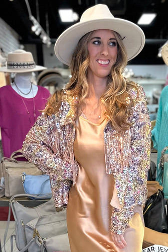 In the Spotlight, Glitz and Glam sequin fringe jacket perfect for Nashville or a concert look!