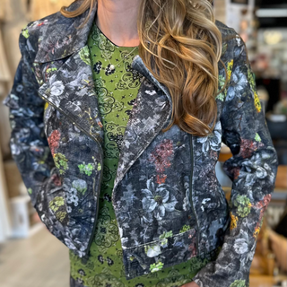 Petit Pois Lily Girl denim motorcycle jacket with black and floral design