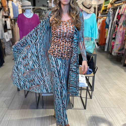 Petit Pois long cardigan wrap in teal white and brown zebra print