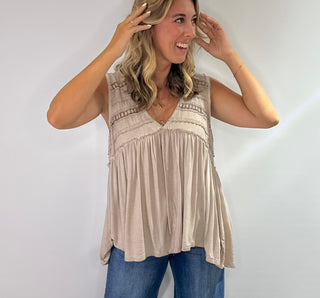 Womens loose fit V-neck babydoll knit top in Taupe or soft pink, casual, lightweight fabric with flowy silhouette