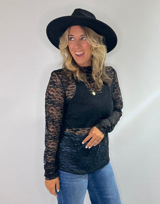 Black lace long sleeve Jaded Gypsy Trellis Vines top with floral details and thumbhole sleeves