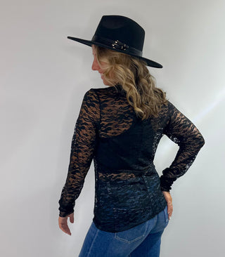 Black lace long sleeve Jaded Gypsy Trellis Vines top with floral details and thumbhole sleeves
