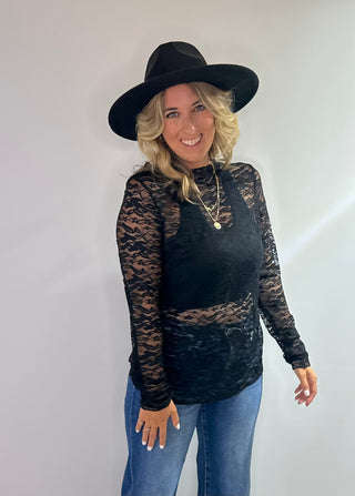 Black lace long sleeve Jaded Gypsy Trellis Vines top with floral details and thumbhole sleeves