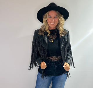 Black lace long sleeve Jaded Gypsy Trellis Vines top with floral details and thumbhole sleeves