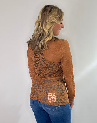 Gold lace long sleeve Jaded Gypsy Trellis Vines top with floral details and thumbhole sleeves