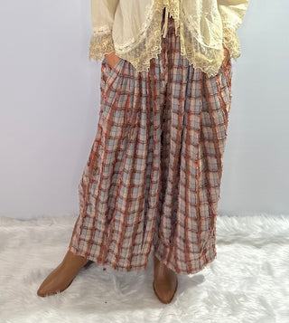 Jaded Gypsy Clear Skies Bubble pants in plaid, rust, cream, browns and soft blues - boho wide leg pants 