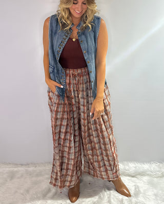 Jaded Gypsy Clear Skies Bubble pants in plaid, rust, cream, browns and soft blues - boho wide leg pants 