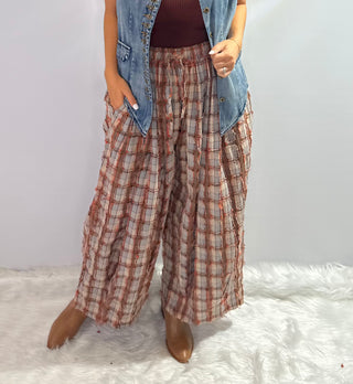 Jaded Gypsy Clear Skies Bubble pants in plaid, rust, cream, browns and soft blues - boho wide leg pants 