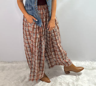 Jaded Gypsy Clear Skies Bubble pants in plaid, rust, cream, browns and soft blues - boho wide leg pants 
