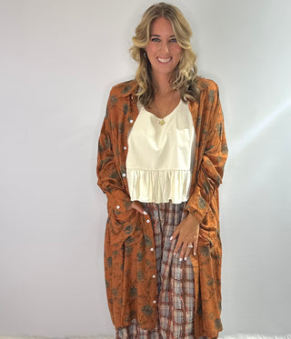 Rust colored one-size Jaded Gypsy Cottage Meadow Duster featuring a flowing silhouette and bohemian design