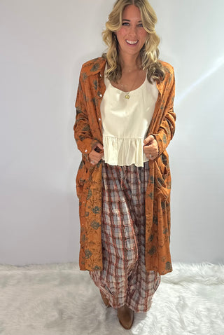 Rust colored one-size Jaded Gypsy Cottage Meadow Duster featuring a flowing silhouette and bohemian design