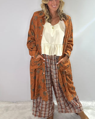 Rust colored one-size Jaded Gypsy Cottage Meadow Duster featuring a flowing silhouette and bohemian design