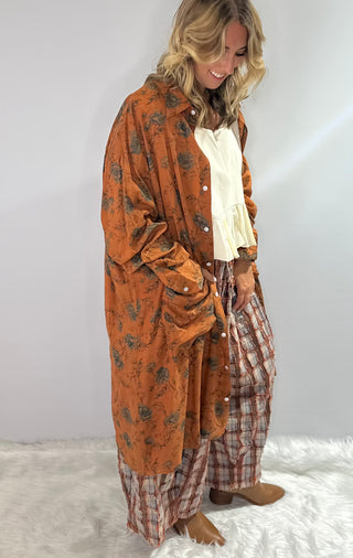 Rust colored one-size Jaded Gypsy Cottage Meadow Duster featuring a flowing silhouette and bohemian design