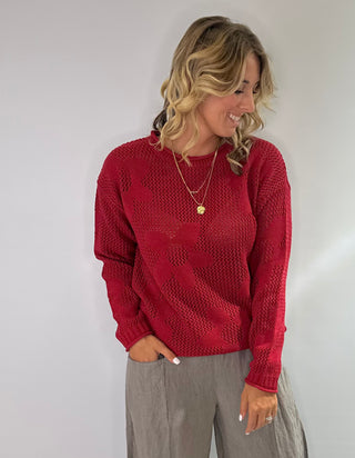 Open weave crew neck sweater with daisy pattern in rust red and taupe colors