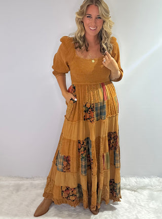 Long Golden Yellow patchwork boho dress with smocked bodice and 3/4 gathered sleeves. 