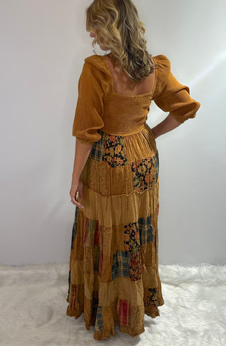 Long Golden Yellow patchwork boho dress with smocked bodice and 3/4 gathered sleeves. 