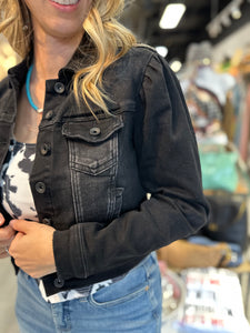 Black Puffy Sleeve Denim Jacket, cropped