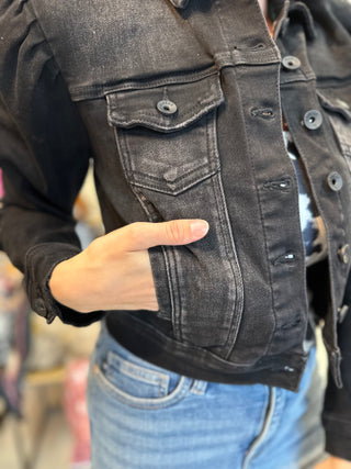 Black Puffy Sleeve Denim Jacket - White Lily Boutique