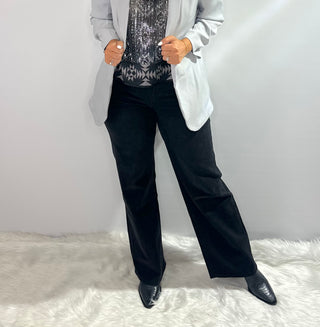 Black stretch denim jeans with waist stitching detail, straight leg, full length, and relaxed fit. 