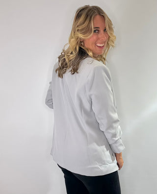 Woven open front blazer with 3/4 ruched sleeves in a classic tailored design in black and grey