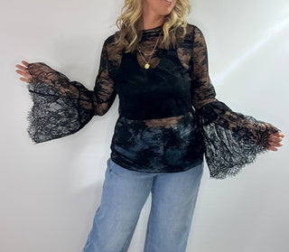 Jaded Gypsy black lace top with floral detail and sheer long sleeves, perfect layered over a cami or bralette