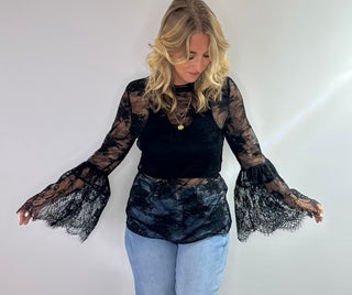 Jaded Gypsy black lace top with floral detail and sheer long sleeves, perfect layered over a cami or bralette
