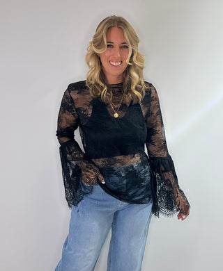 Jaded Gypsy black lace top with floral detail and sheer long sleeves, perfect layered over a cami or bralette