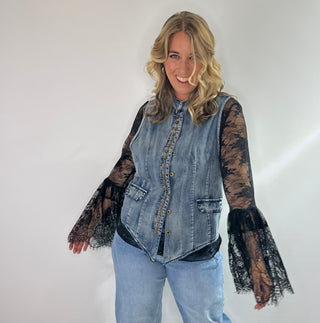 Jaded Gypsy black lace top with floral detail and sheer long sleeves, perfect layered over a cami or bralette
