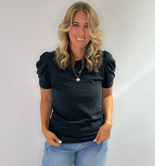 Black Cotton Puff shoulder short sleeve top with scrunch side detail