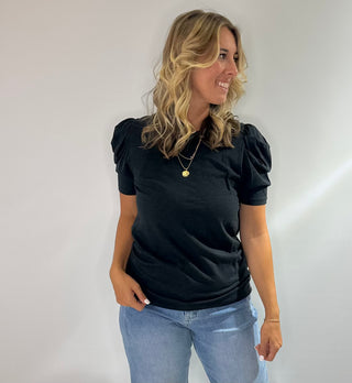 Black Cotton Puff shoulder short sleeve top with scrunch side detail