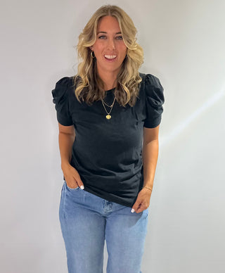 Black Cotton Puff shoulder short sleeve top with scrunch side detail