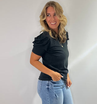 Black Cotton Puff shoulder short sleeve top with scrunch side detail