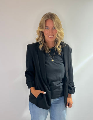 Woven open front blazer with 3/4 ruched sleeves in a classic tailored design in black and grey
