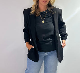 Woven open front blazer with 3/4 ruched sleeves in a classic tailored design in black and grey