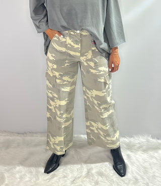 Army Desert cargo pants in soft gray and cream with multiple utility pockets and relaxed fit