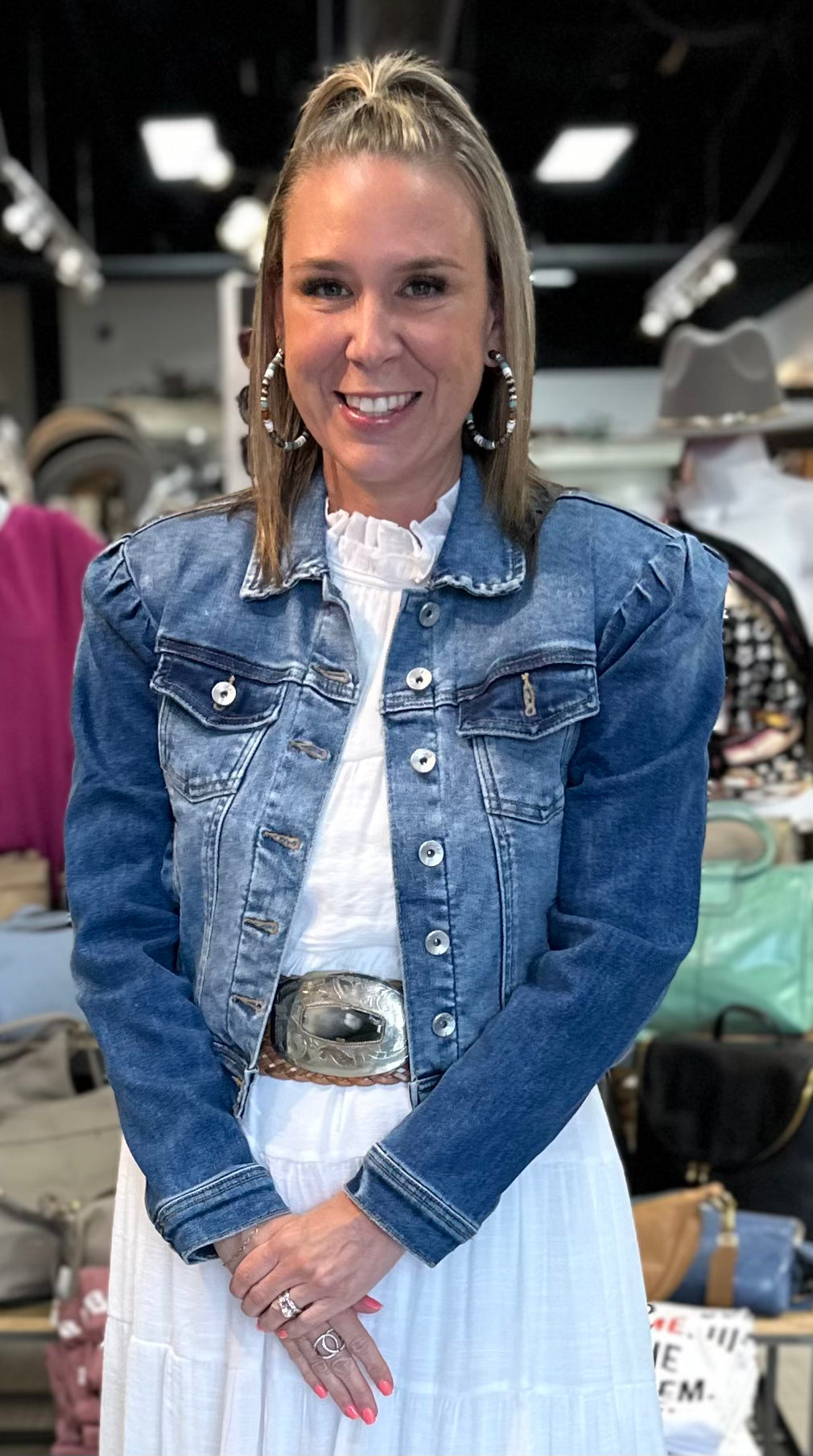 Puffy Sleeve Denim Jacket White Lily Boutique