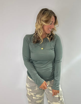Womens long sleeve double-layer fitted t shirt in black or olive green. Made from rayon and spandex blend